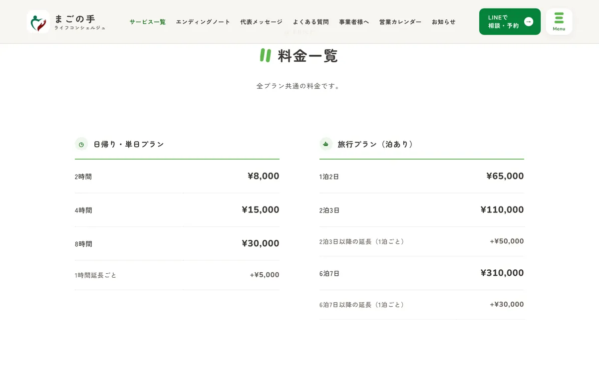 料金一覧の画面（日帰りプランと旅行プランの表）